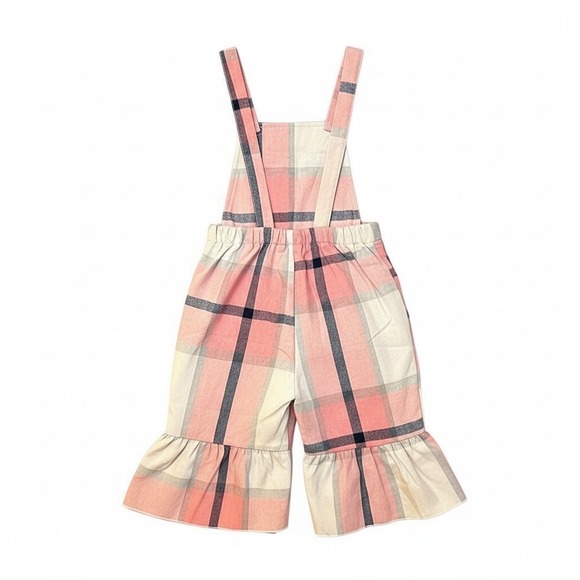 Toddler Pink Plaid Ruffle Overalls • Girls 4Y • Adjustable Straps • (Runs Small) - Picture 2 of 4